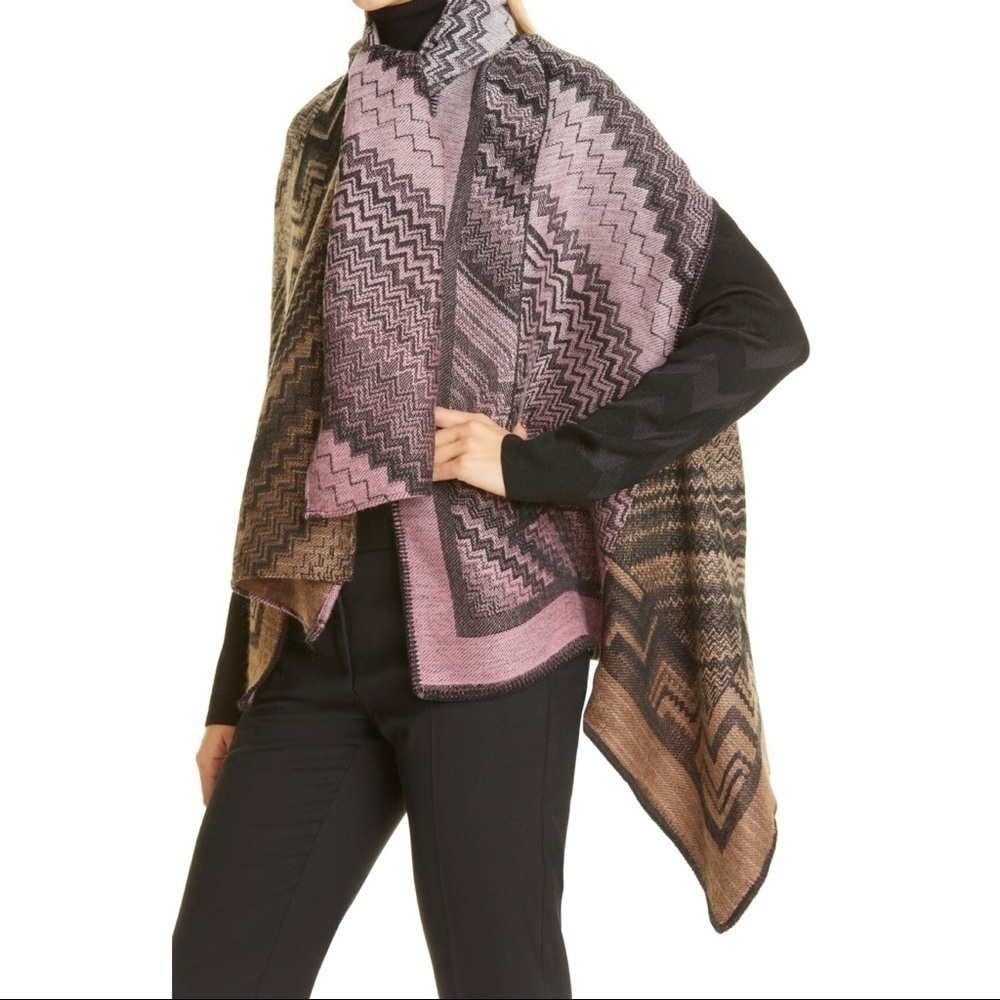 Missoni • Zigzag Wool Scarf Cape vest poncho Italian luxury designer pink tan